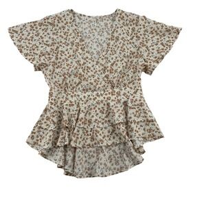 New Mode USA Floral Print Flutter Sleeve V Neck Ruffle Peplum Top Women's 1XL
